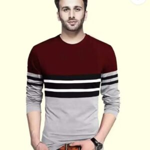 Half Sleeve Printed Fully - Black Men Striped Round Neck Cotton Blend Maroon T-Shirt