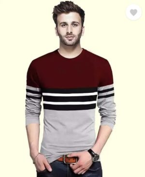 Half Sleeve Printed Fully - Black Men Striped Round Neck Cotton Blend Maroon T-Shirt