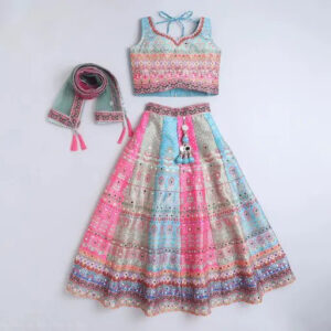 Multicolored Polyester Printed Stone Work Kids Girls Lehenga Wedding Wear