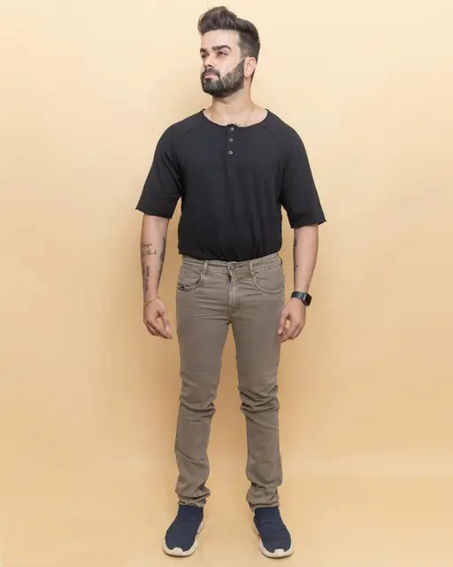 Men's Solid Beige Jeans - Image 2