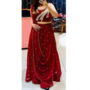 Embellished Semi Stitched Lehenga & Crop Top (Maroon)