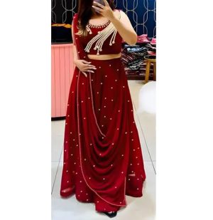 Embellished Semi Stitched Lehenga & Crop Top (Maroon)