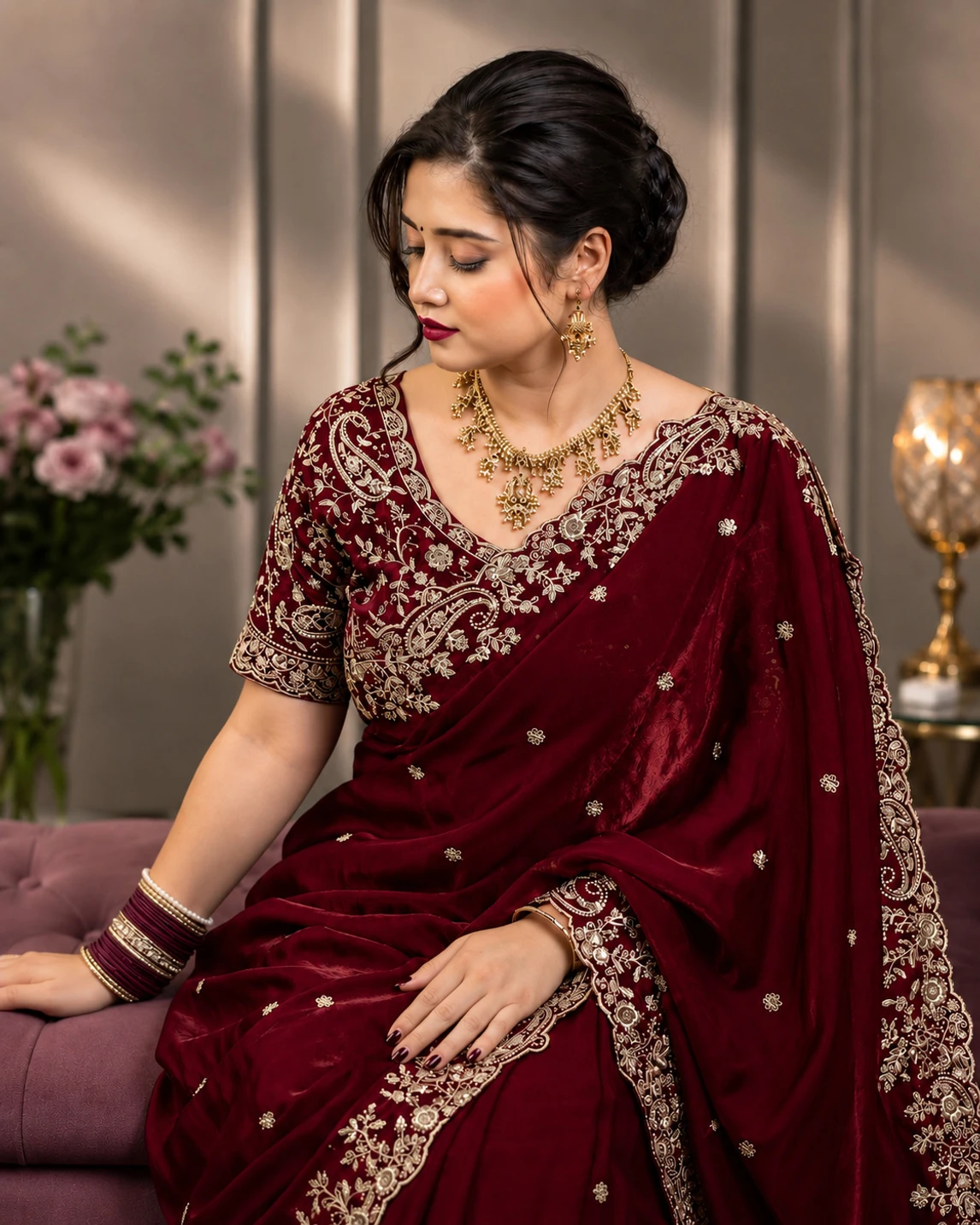 Laddu creation Embellished, Embroidered Bollywood Jimmy Jimmy, Silk Blend Saree (Maroon)