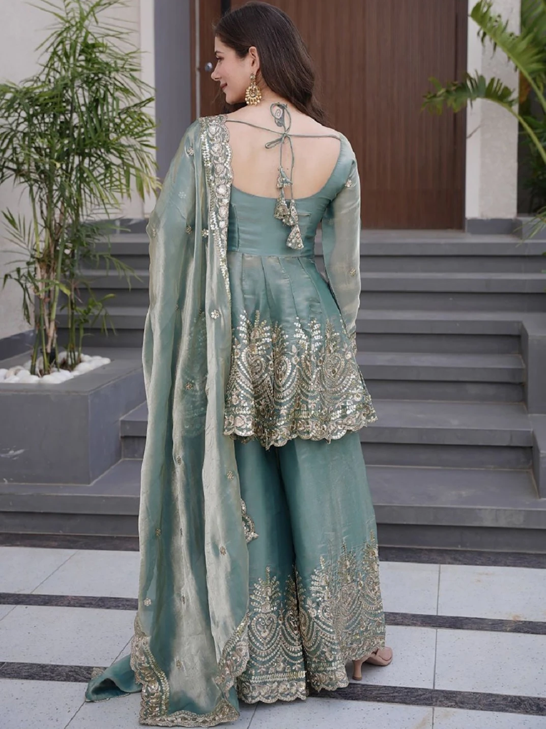 ZOOFLINE Women Embroidered Silk Blend Sharara, Peplum Kurta & Dupatta Set Embellished Kurta, Sharara & Dupatta Set - Image 3