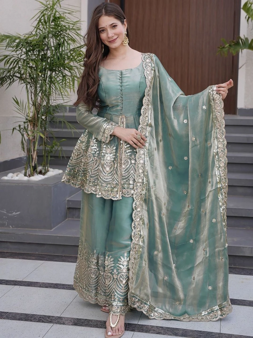 ZOOFLINE Women Embroidered Silk Blend Sharara, Peplum Kurta & Dupatta Set Embellished Kurta, Sharara & Dupatta Set